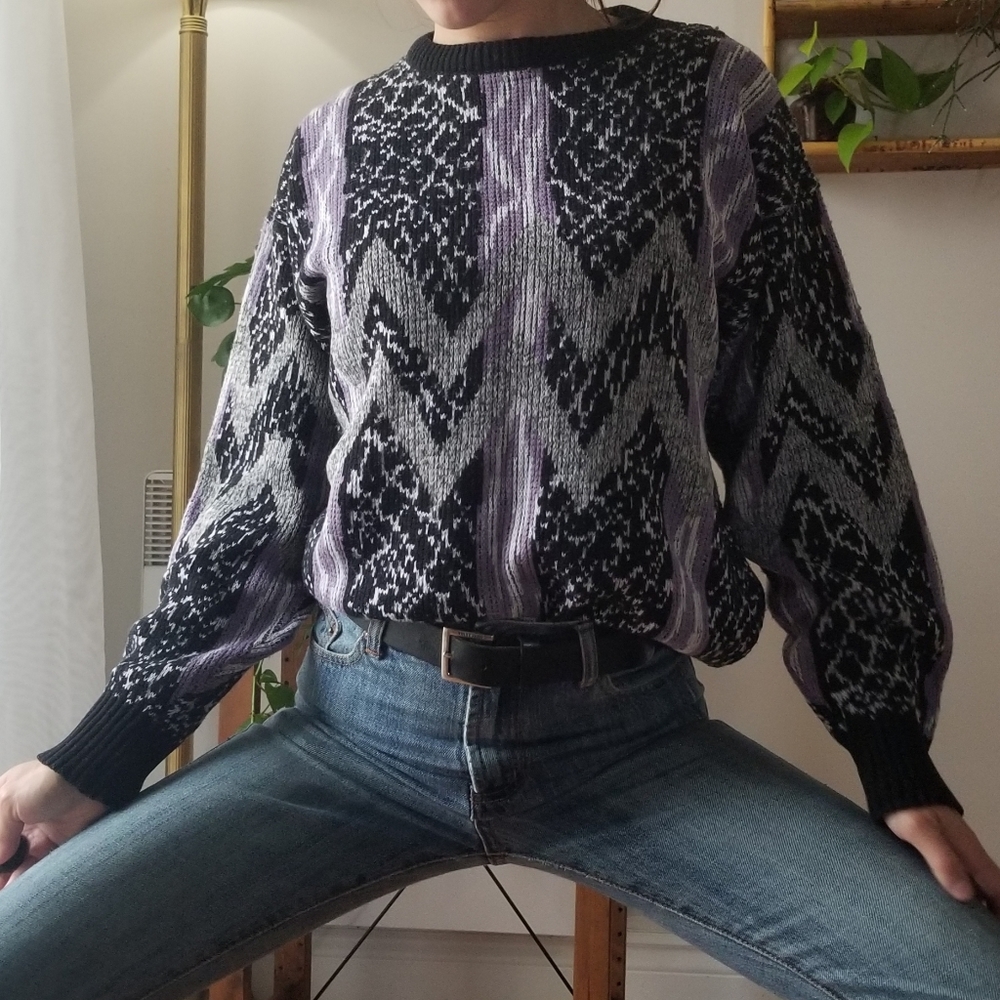 Vintage Crewneck Sweater INXS Retro 80s 90s Black Purple Grey Medium Crew Neck